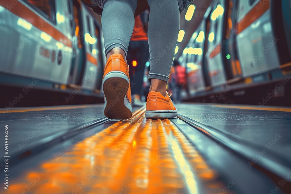 Fototapeta premium Journey of Daily Life Commuter Legs Walking Alongside a Suburban Train, Depicting People’s Routine of Public Transportation Between Home and Work