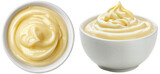 Bowl with white mayonnaise dip, side and top view, food bundle, isolated on a transparent background