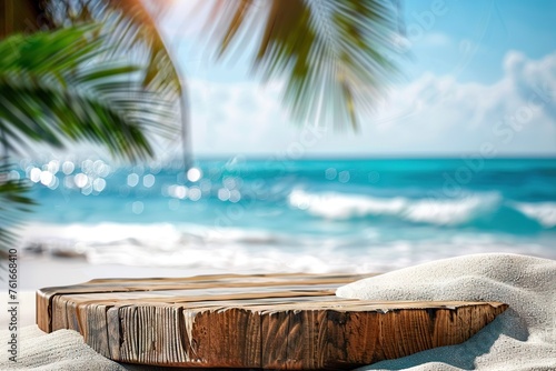 Embracing Summer A Wooden Podium Display on a Tropical Beach with Palm Trees and Turquoise Sea, Capturing the Essence of Vacation and Product Display Concepts
