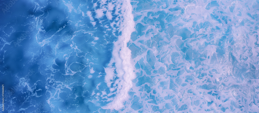 Ocean waves texture with blue ripples and white foam. Summer tropical travel panorama , turquoise blue and white surf surface for copy space by Vita for web or mobile - obrazy, fototapety, plakaty 