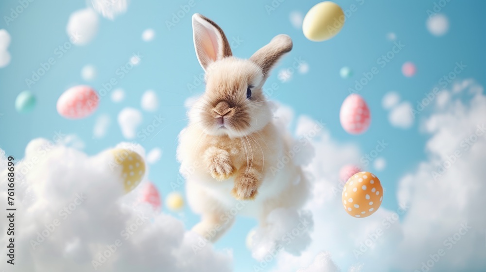 Cute little fluffy Easter Bunny jumping out from white cloud against blue sky. Colorful eggs scatter to sides, copy space, pastel colors. Concept of spring, happy, new life. Paschal greeting card Cute little fluffy Easter Bunny jumping out from white cloud against blue sky. Colorful eggs scatter to sides, copy space, pastel colors. Concept of spring, happy, new life. Paschal greeting card