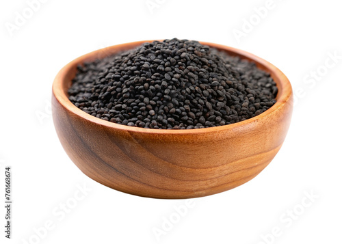 Wooden bowl of black sesame seeds. isolated on transparent background.