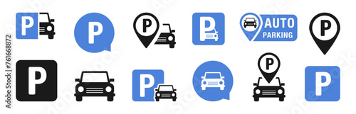Parking icon set. Parking and traffic signs isolated on white background. Parking and car road sign and pin marker icon. Car parking icon. Vector illustration.