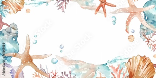 Watercolor sea themed background with seashells and seaweed.