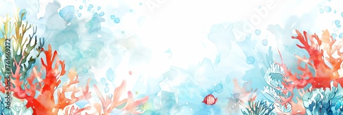 Watercolor sea themed background with seashells and seaweed.