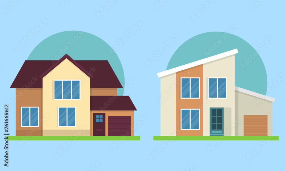Flat Style Modern Detailed Colorful Cottage Houses Buildings Vector Illustration