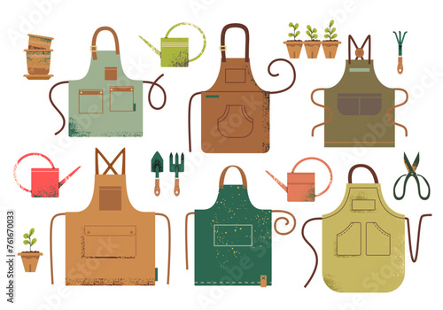 Set of garden aprons of different shapes and stylish brown, green colors, garden tools: watering cans, scoop, rake, ceramic pots for plants, seedlings. Vector illustration on white background.