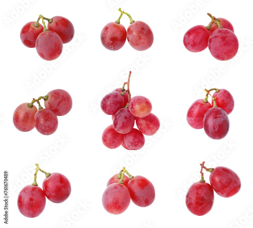 Delicious fresh red grapes isolated on white, set