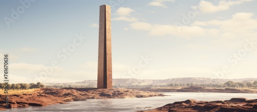 A skyscraper tower rises high on a rocky hill by the waters edge, overlooking the cityscape below. The wind whips clouds across the sky, creating a stunning landscape against the horizon