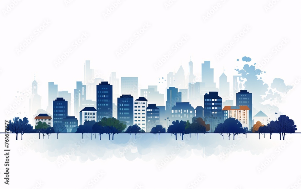 a city skyline with trees and buildings