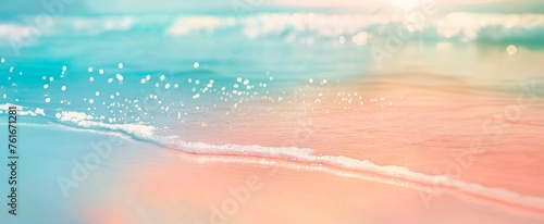 Beautiful summer background with a sandy beach and blue sea water, close up and blurred, copy space concept. Summer vacation banner template design for travel or decoration background
