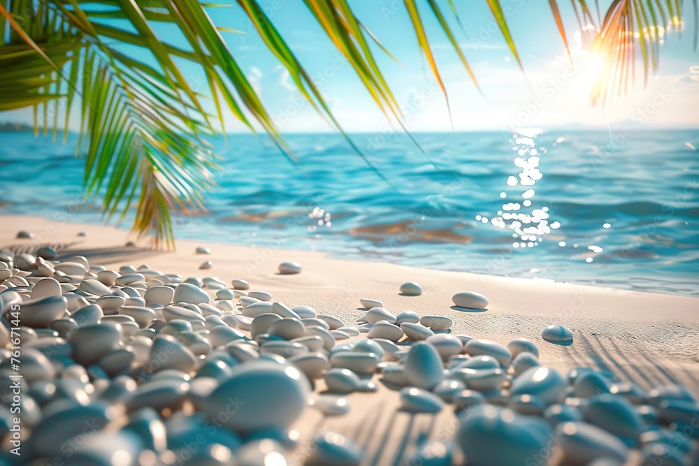 A Serene Summer Escape White Pebbles on a Sunny Tropical Beach, Coconut Trees, Sunlight, and Palm Leaves Against the Azure Sea Backdrop A Serene Summer Escape White Pebbles on a Sunny Tropical Beach, Coconut Trees, Sunlight, and Palm Leaves Against the Azure Sea Backdrop
