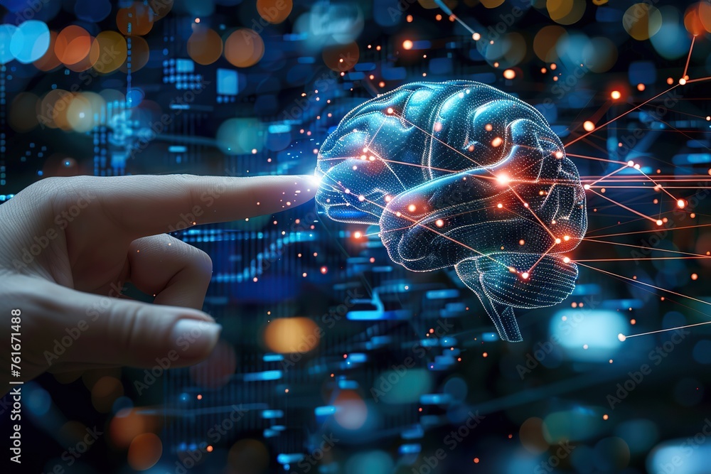 The Intersection of Human and Artificial Intelligence A Hand Touching a Glowing Brain Amidst Network Connections, Symbolizing AI The Intersection of Human and Artificial Intelligence A Hand Touching a Glowing Brain Amidst Network Connections, Symbolizing AI