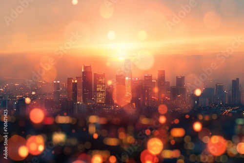 Summer sun blur golden hour hot sunset sky with city rooftop view background cityscape office building landscape blurry urban warm bright heat wave lights skyline heatwave bokeh for evening party photo