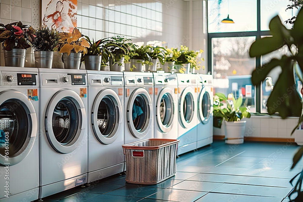 Sunset Glow Illuminates a Neat Row of Modern Washing Machines, Surrounded by Lush Green Plants in a Clean, Bright Urban Laundromat, Depicting Everyday Life and Chores. - obrazy, fototapety, plakaty 