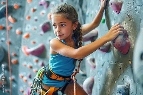 Brave Young Climber A Girl’s Journey Up an Indoor Rock Wall, Showcasing Strength, Determination, and the Joy of Youthful Adventure in a Colorful Setting.