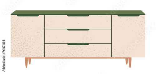 Chest of drawers. Beige wooden modern commode or TV stand for home interior. Trendy storage furniture in scandinavian style for living room. Flat vector illustration isolated on a white background.