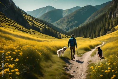 A man and dog hiking in beautiful mountain landscape,  man with tourist backpack on spring wild field with a dog. The concept of the campaign, hiking, spring traveling and nature.