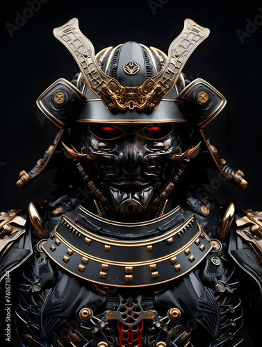 Samurai warrior in black and gold armor on black background