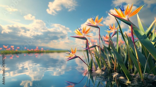 Exotic bird of paradise flowers stretching towards the sky  their vibrant hues contrasting beautifully with the stillness of a pond.