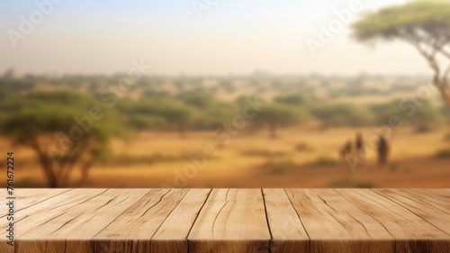 The empty wooden brown table top with blur background of Savanna Safari. Exuberant image. generative AI