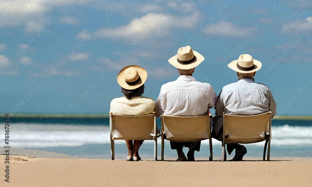 Trois retraités se reposant à la plage - obrazy, fototapety, plakaty 