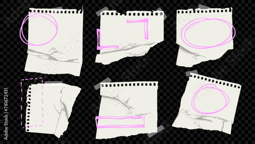 Ripped and cut-out pages of a notebook with hand-painted scribble frames. Vector illustration of torn paper or magazine clippings for collages. Elements with rough edges. Xerox or photocopy effect.