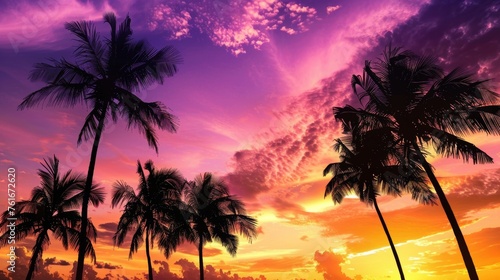 Vibrant Summer Sunset Silhouette Palm Trees © Newaystock