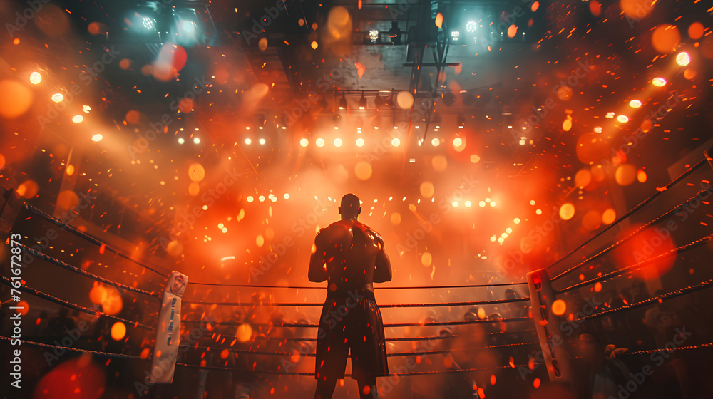 Boxer in ring viewed from behind, ready to fight. Ring Entrance: Capture the dramatic moment as a boxer makes their entrance into the ring, surrounded by lights and cheers from the crowd Boxer in ring viewed from behind, ready to fight. Ring Entrance: Capture the dramatic moment as a boxer makes their entrance into the ring, surrounded by lights and cheers from the crowd