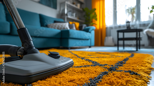 Close-up of vacuum cleaner on yellow rug in modern living room. Home cleaning and interior design concept with copy space