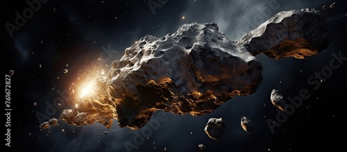 A beautiful artists rendition of an asteroid floating in space, with a dark sky, towering mountains, and fluffy cumulus clouds in the background photo