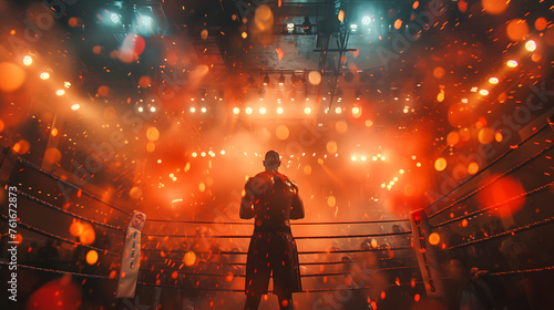 Boxer in ring viewed from behind, ready to fight. Ring Entrance: Capture the dramatic moment as a boxer makes their entrance into the ring, surrounded by lights and cheers from the crowd photo