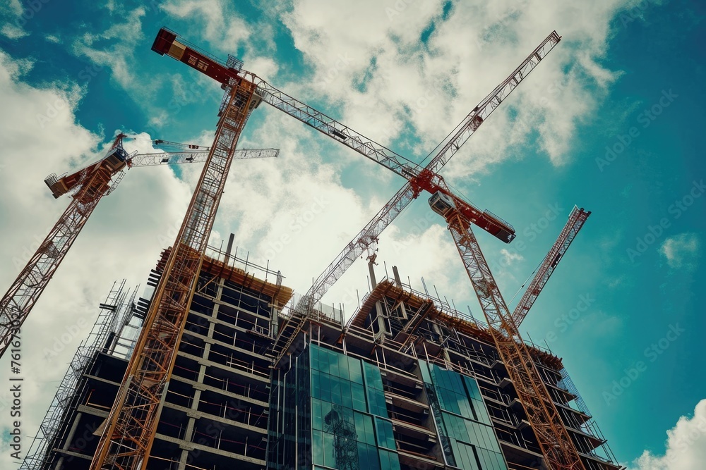 A group of cranes standing on top of a tall building, looking down onto the city below, A team of construction robots working on a skyscraper, AI Generated