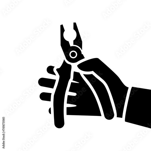 The worker holds the pliers in hands, black icon. Human hands holding pairs of pliers. The builder is holding a working tool. Vector illustration flat design. Isolated on white background.