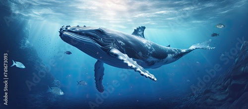 An electric blue humpback whale gracefully moves through the liquid depths of the ocean, encircled by a school of fish, showcasing the beauty of marine mammal wildlife in underwater marine biology © 2rogan