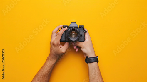 Man's hand holding a camera on a bright yellow background