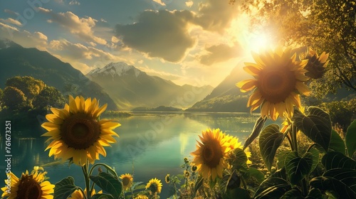 Magnificent sunflowers towering above a tranquil lake, their cheerful faces turned towards the sun. photo
