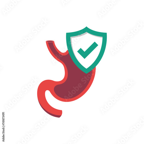 Stomach protection. Safety human. Shield symbol of protection of the human stomach. Healthcare concept. Safety of the digestive system. Vector illustration flat design. Isolated on white background.