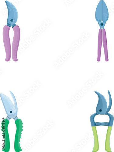 Pruning scissors icons set cartoon vector. Various garden secateurs. Gardening equipment