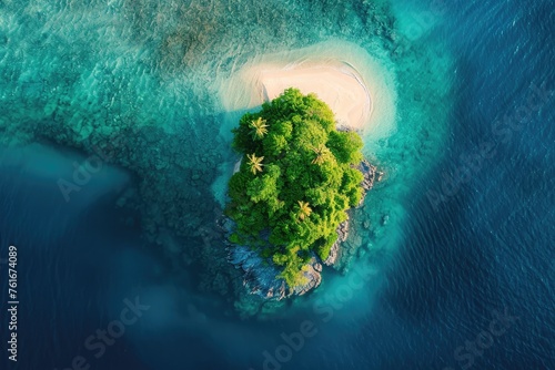 This photo showcases an aerial view of a small volcanic island situated in the midst of the expansive ocean, A top-down view of a remote tropical island, AI Generated