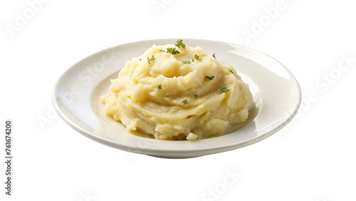 White plate of boil potato mashed. isolated on transparent background.