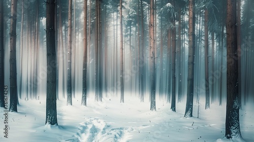 Pine forest in the winter. Motion blur effect. Fantasy colored. Tonal correction made for green tones.