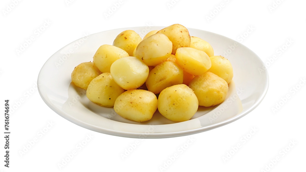 White plate of peeled boiled potatoes. isolated on transparent background.