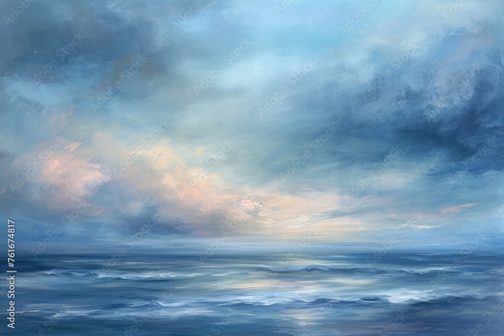 A realistic painting showcasing a cloudy sky hovering over a vast ocean, capturing the interplay of light and shadow, A tranquil fusion of soft pastels suggesting a serene sky at dawn, AI Generated