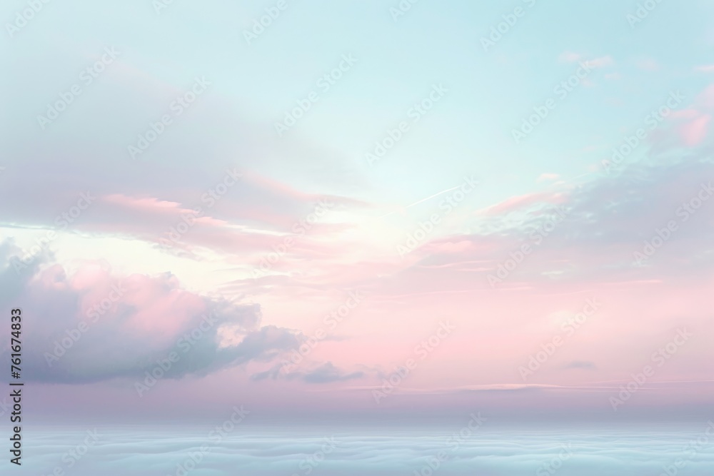 This stunning photograph offers an encompassing and commanding vista of the ocean seen from a high vantage point, A tranquil fusion of soft pastels suggesting a serene sky at dawn, AI Generated