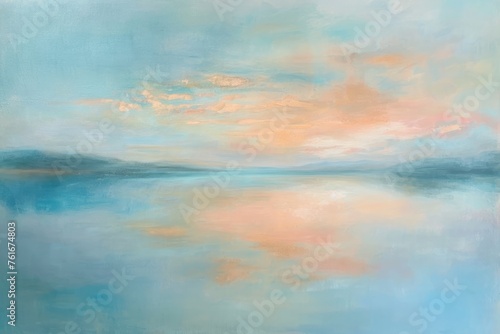 Fototapeta Naklejka Na Ścianę i Meble -  A realistic painting capturing a serene lake surrounded by lush greenery and adorned with fluffy white clouds, A tranquil fusion of soft pastels suggesting a serene sky at dawn, AI Generated