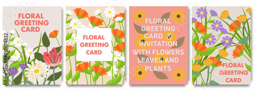 Floral greeting card. Vector illustrations of spring cute watercolor flowers, plants, leaves for invitation, pattern or background. Cover design for abstract greeting card, wedding invitation 