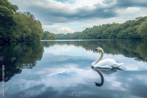 A white swan gracefully glides on the surface of a serene lake  A tranquil lake with a single swan  AI Generated