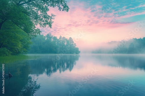 A serene lake lies amidst a dense forest, as the sky is painted in shades of pink and purple, A tranquil scenery with soft hues of dawn over a calm lake, AI Generated