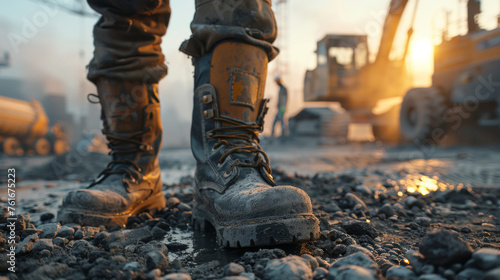 Construction boots on gravel with heavy machinery in background at dusk.